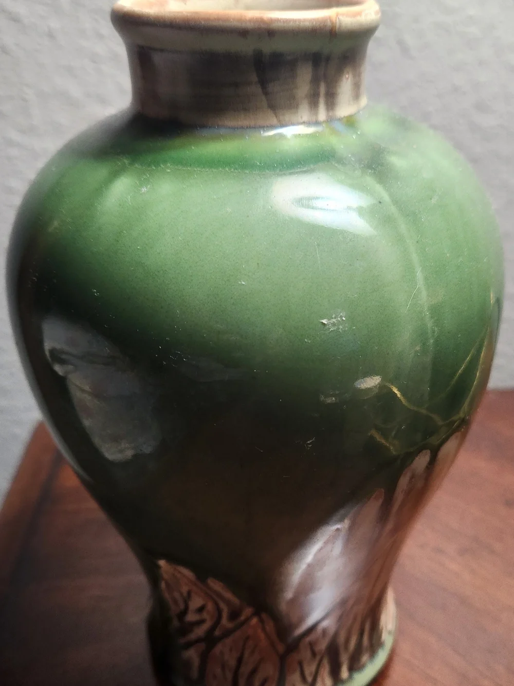 Green Ceramic Vase with Floral Relief
